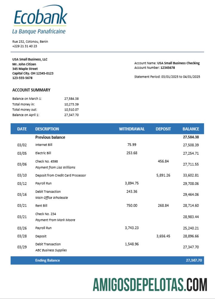 Extrato empresarial do Ecobank em formato Word e PDF